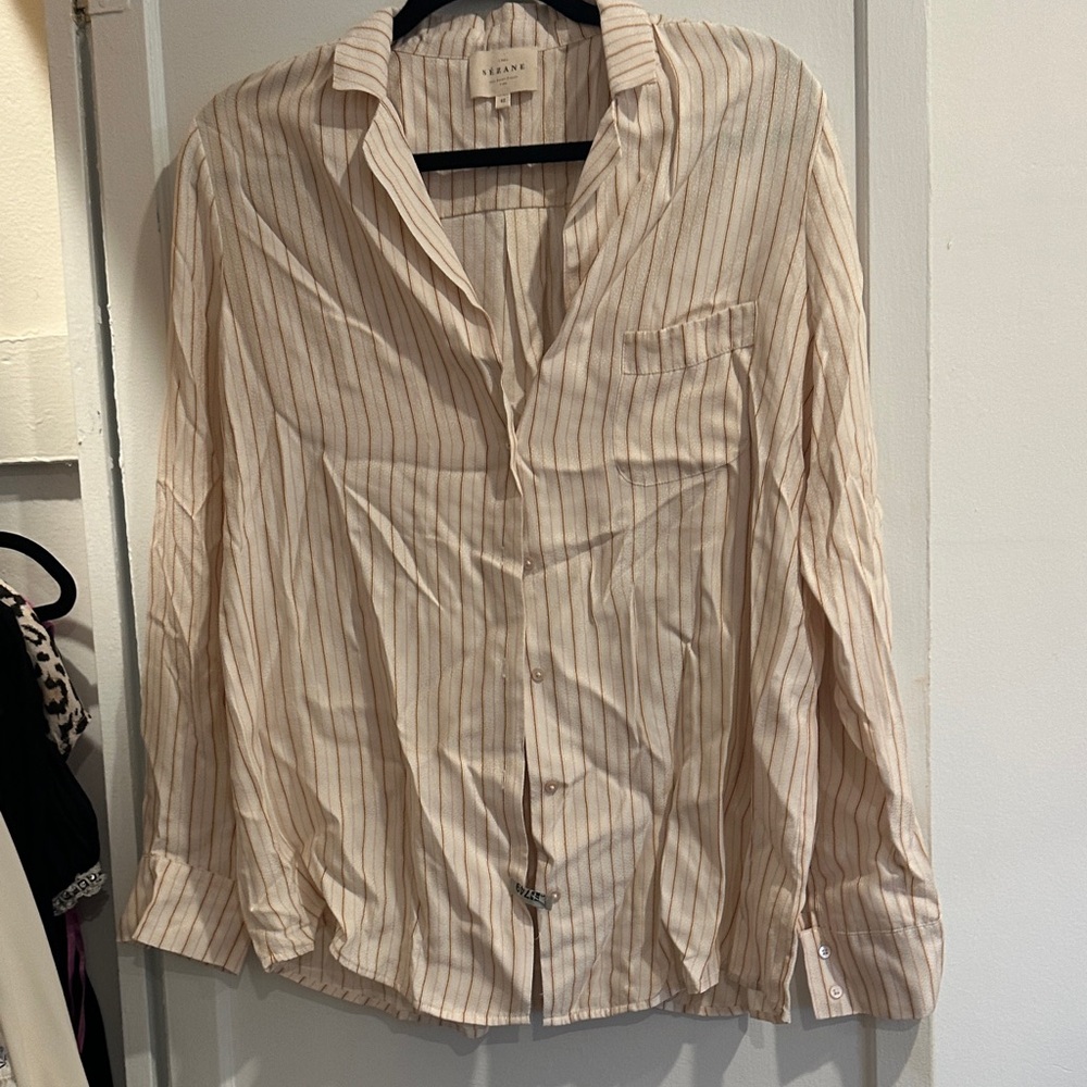 Sezane Florence 100% Silk Pink and Ochre Striped Button-Up Shirt